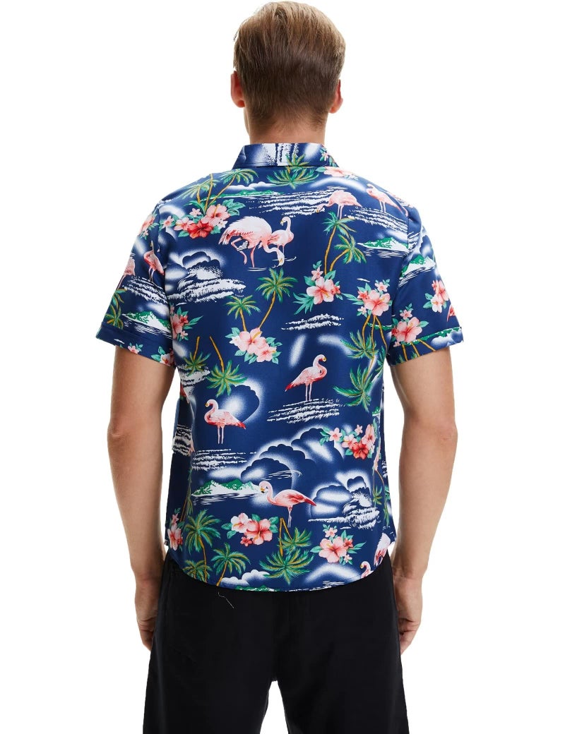 SSLR Mens Hawaiian Shirt Flamingos Casual Short Sleeve Button Down Shirts Aloha Shirt (Medium, Navy) - Image 2